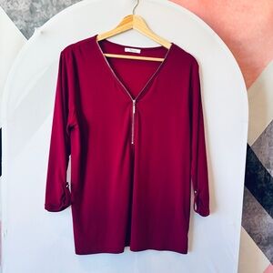 89th Madison Deep Red Blouse with Zipper Accent